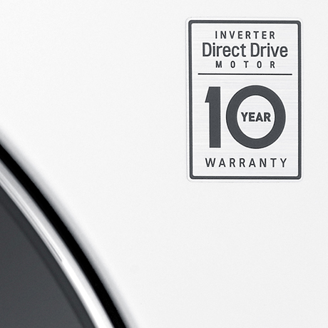 Close up of the sticker on LG washing machines that says INVERTER Direct Drive MOTOR 10 YEAR WARRANTY