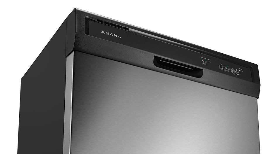An angled exterior view of the front of the dishwasher. The control panel is visible. An angled exterior view of the front of the dishwasher. The control panel is visible.