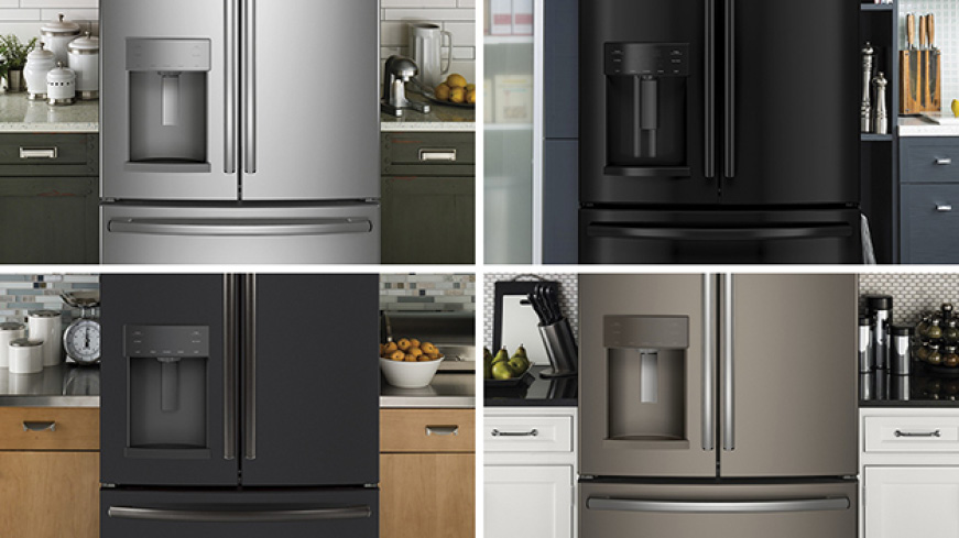 A grid compares 4 different finishes of the same refrigerator model in different kitchens. Each finish complements the cabinetry and paint around it.