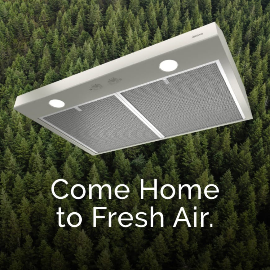 Image of a Stainless Steel Glacier Range Hood with evergreen trees behind it. Words over the top say: Come home to Fresh Air.