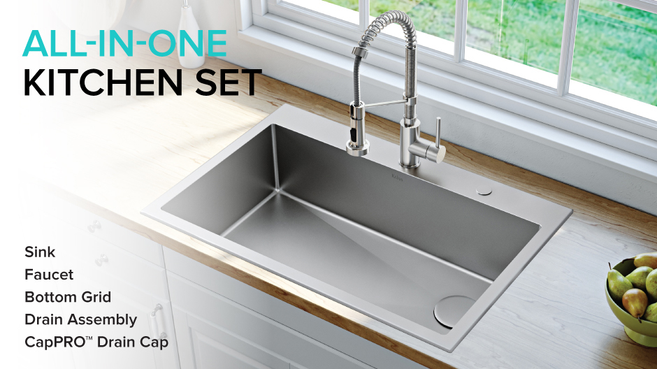 Kraus Loften All In One Dual Mount Drop In Stainless Steel 33 In 2 Hole Single Bowl Kitchen Sink With Pull Down Faucet