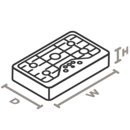 An icon of the appliance viewed from a corner looking down. Lines designate and measure the height, width, and depth of each side