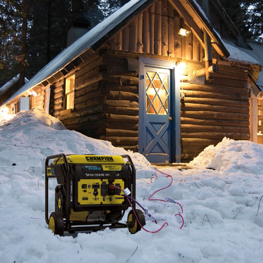 Lifestyle image of inverter generator powering a cabin in snow Lifestyle image of inverter generator powering a cabin in snow