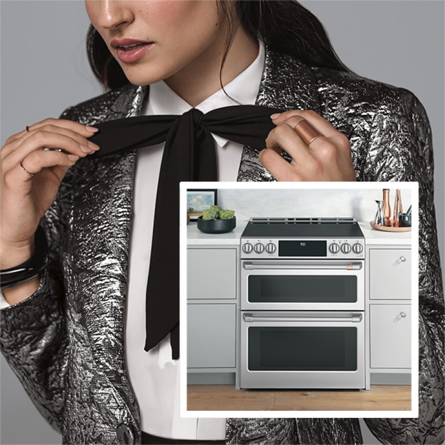 Beauty shot of woman with image of double oven induction range inset Beauty shot of woman with image of double oven induction range inset