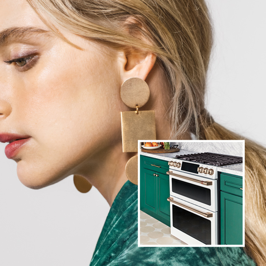 An image of a Cafe stove installed in green and marble cabinetry is superimposed over a woman dressed in trendy green clothes that match the cabinets. An image of a Cafe stove installed in green and marble cabinetry is superimposed over a woman dressed in trendy green clothes that match the cabinets.