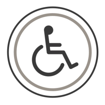 An icon of the international symbol of access. A stylized person sits in a wheelchair.