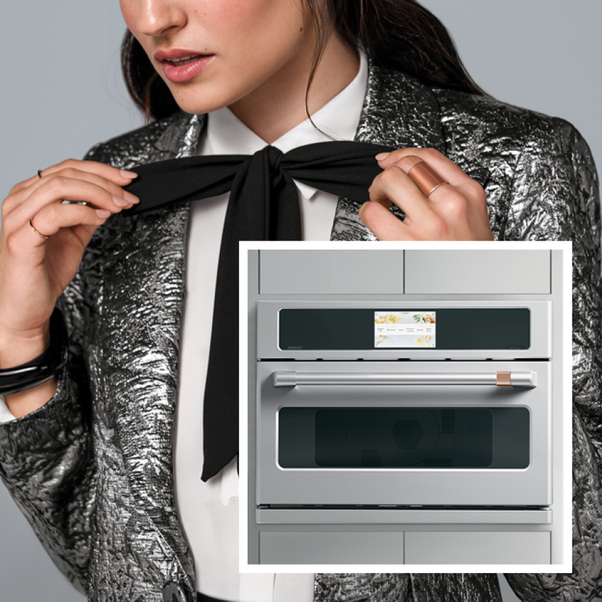 A woman dressed in fashionable clothing adjusts her ribbon-tie. A photo of an advantium oven is superimposed in the lower-right corner. A woman dressed in fashionable clothing adjusts her ribbon-tie. A photo of an advantium oven is superimposed in the lower-right corner.