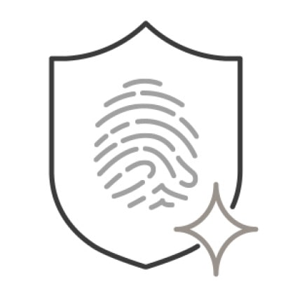 An icon of a shield with a fingerprint in the center. A small sparkle is superimposed in the bottom right corner.