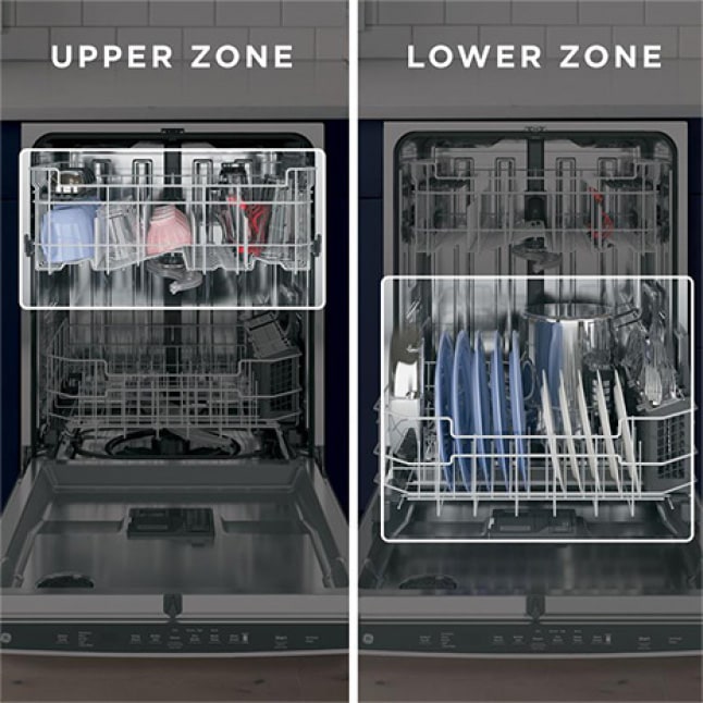 Tight shot showing a split screen of two dishwashers, one side showing the top rack loaded with dishes and one showing the lower rack loaded.