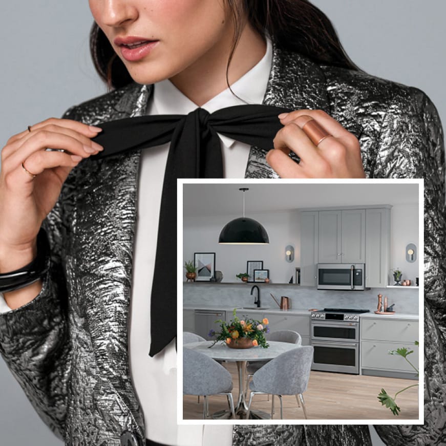 An image of a kitchen with sleek Cafe appliances is superimposed over a woman dressed in trendy clothes that match the kitchen. An image of a kitchen with sleek Cafe appliances is superimposed over a woman dressed in trendy clothes that match the kitchen.