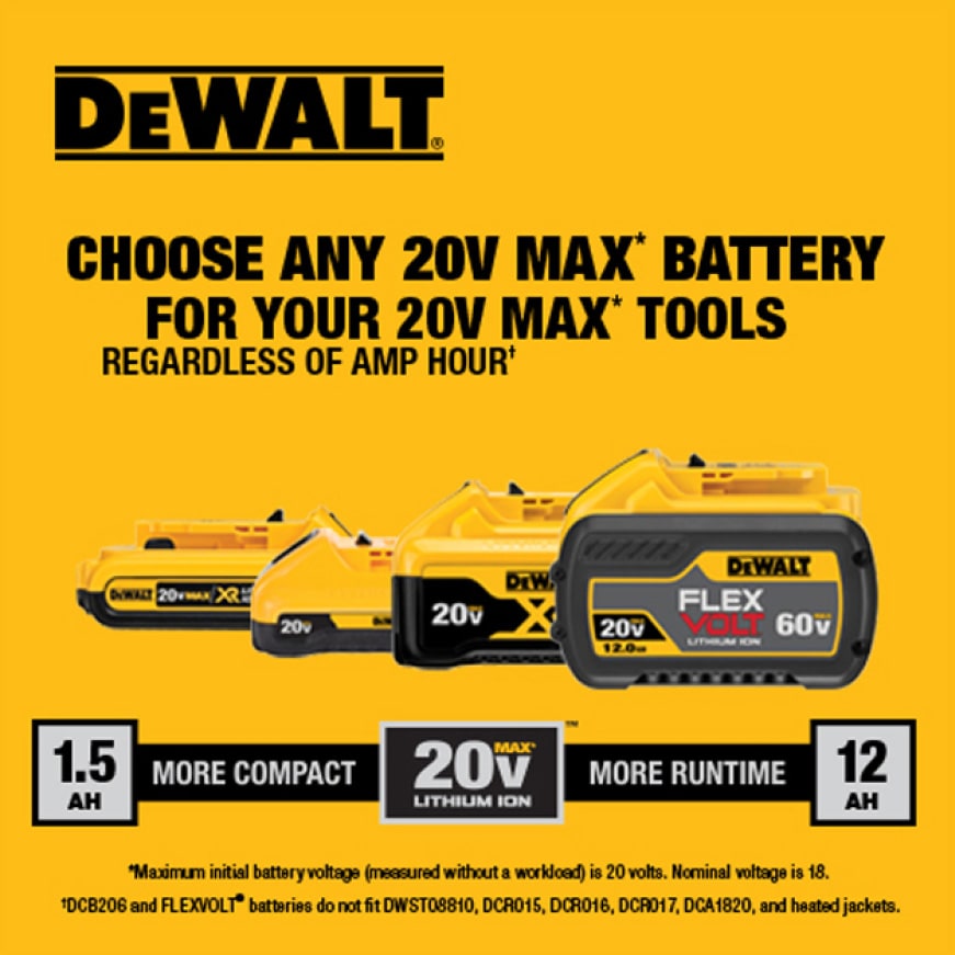 Select from a variety of 20 VOLT batteries to fit your need, or get up to eight times runtime when using DEWALT FLEXVOLT batteries with 20 VOLT tools.