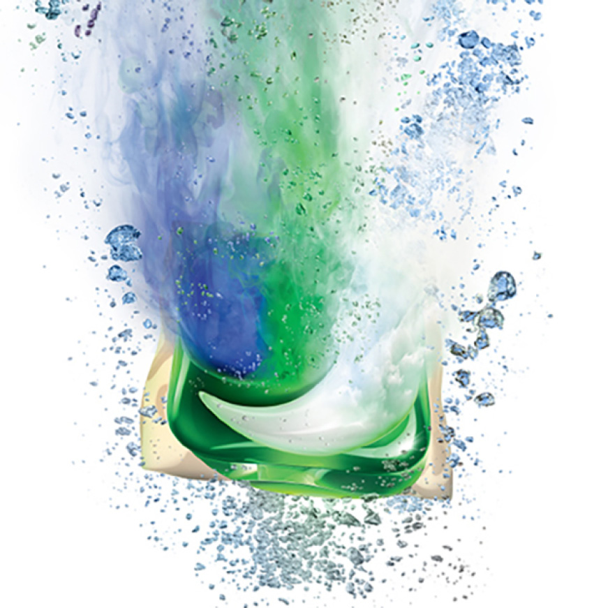 Tide Pod detergent pack activating from the water jets in the dispenser specifically designed to hold pods Tide Pod detergent pack activating from the water jets in the dispenser specifically designed to hold pods
