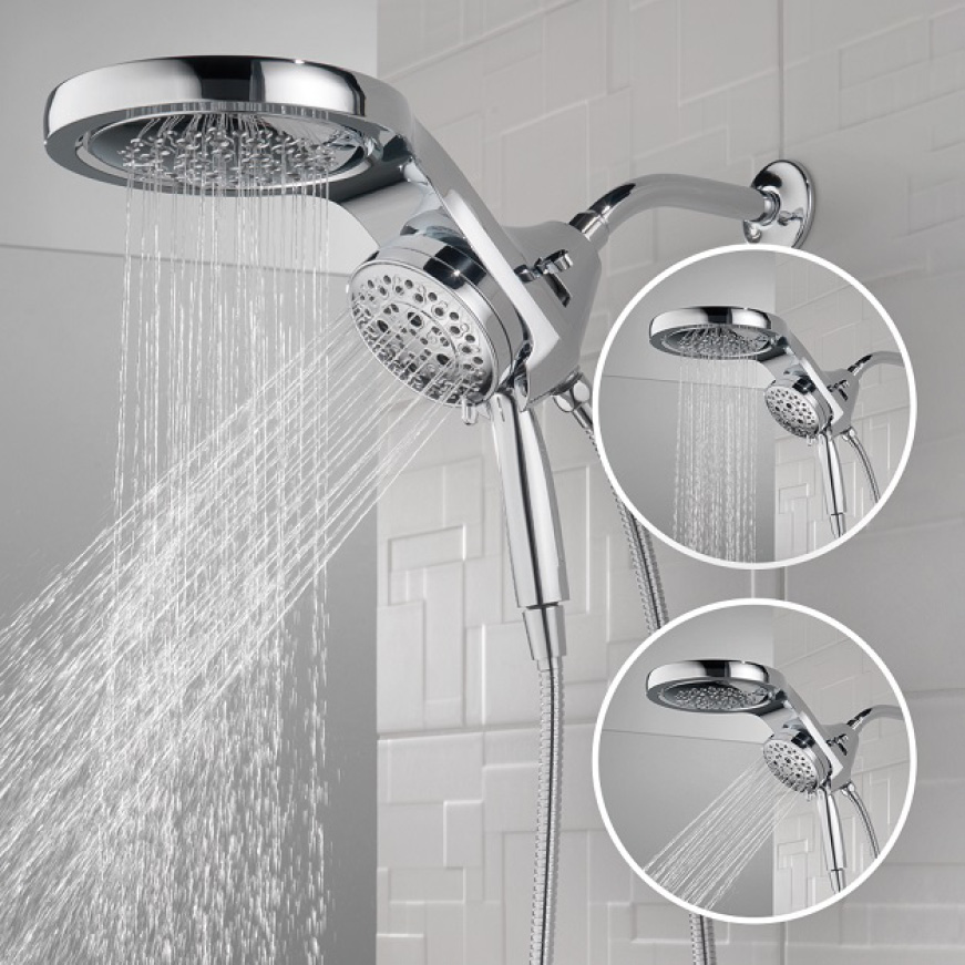 Delta Hydrorain Two In One 5 Spray 6 In Dual Wall Mount Fixed And Handheld H2okinetic Shower Head In Chrome 25 The Home Depot