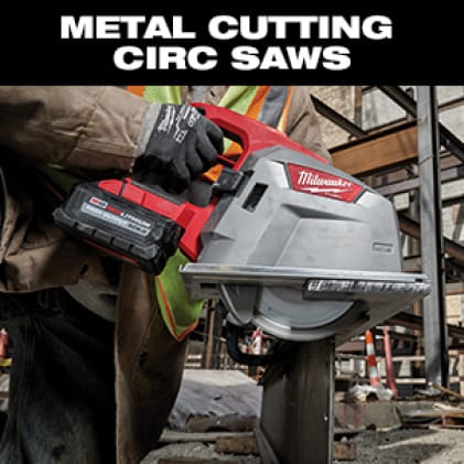 Man wearing hi-vis vest and work gloves uses an M18 FUEl Circ Saw to cut metal corrugated decking.