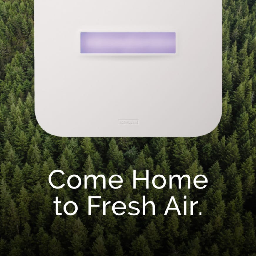 Image of SurfaceShield Antibacterial fan grille with evergreen trees behind it. Words over the top say: Come Home to Fresh Air.