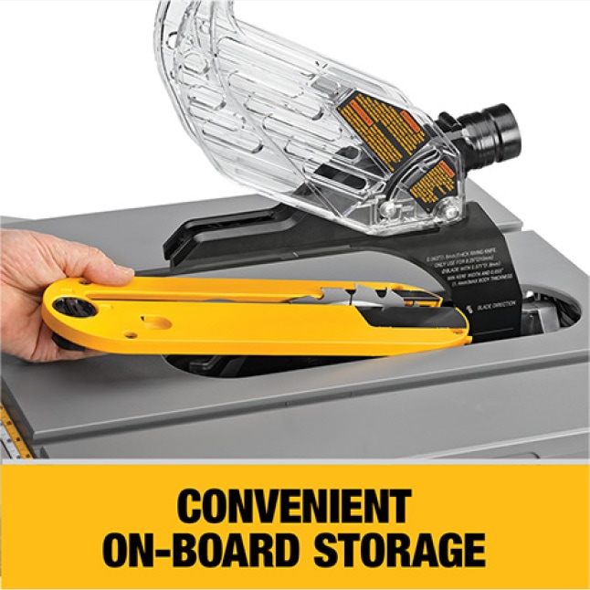 Easily store guard, fence, wrenches and miter gauge.