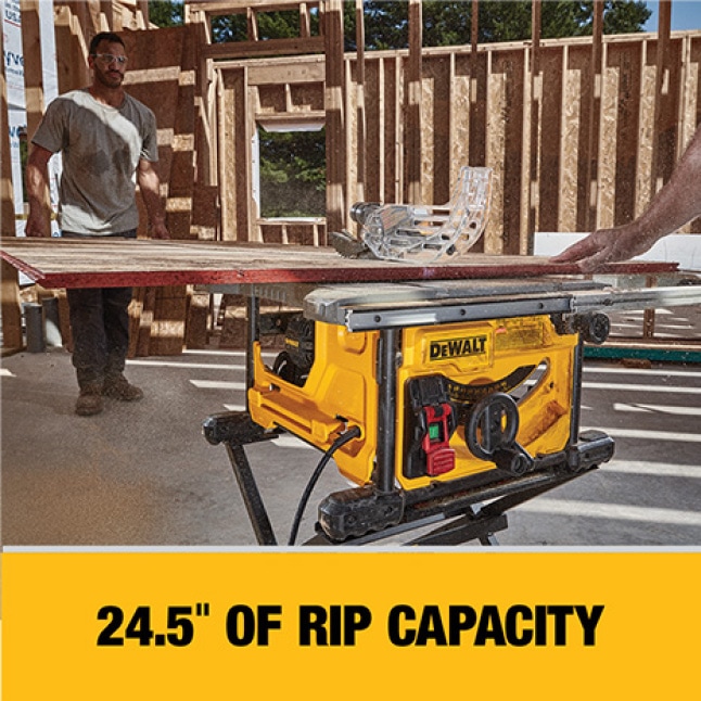 The DWE7485 has a 24-1/2 in. rip capacity for ripping 4x8 plywood or OSB sheets.