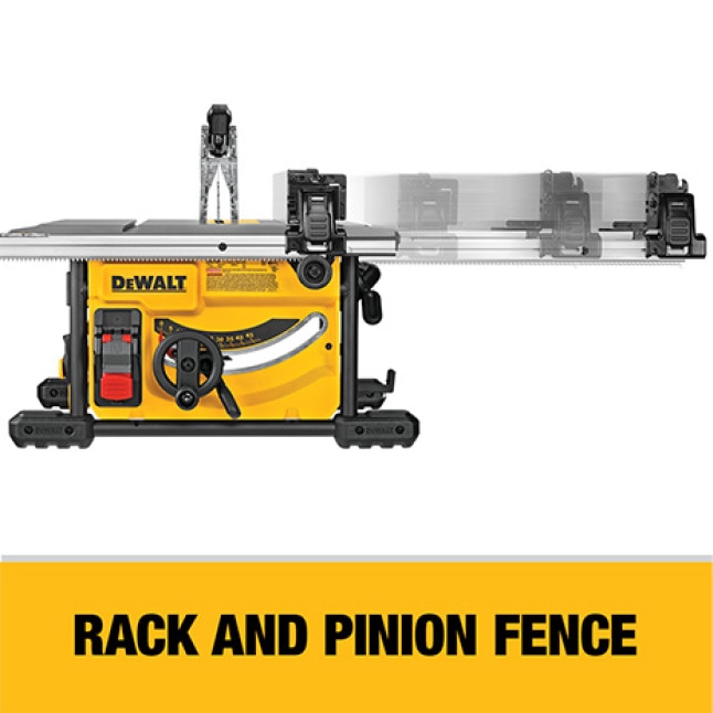 The rack and pinion fence allows for fast, easy adjustment and provides the capacity to rip 4x8 sheet goods.