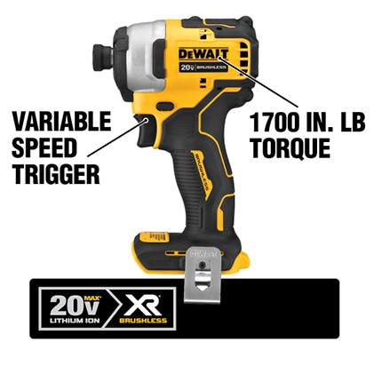 The DCF809B Compact Brushless Impact Driver delivers 1700 in. lbs. of torque and has three LED Lights. The handle features an ergonomic design.