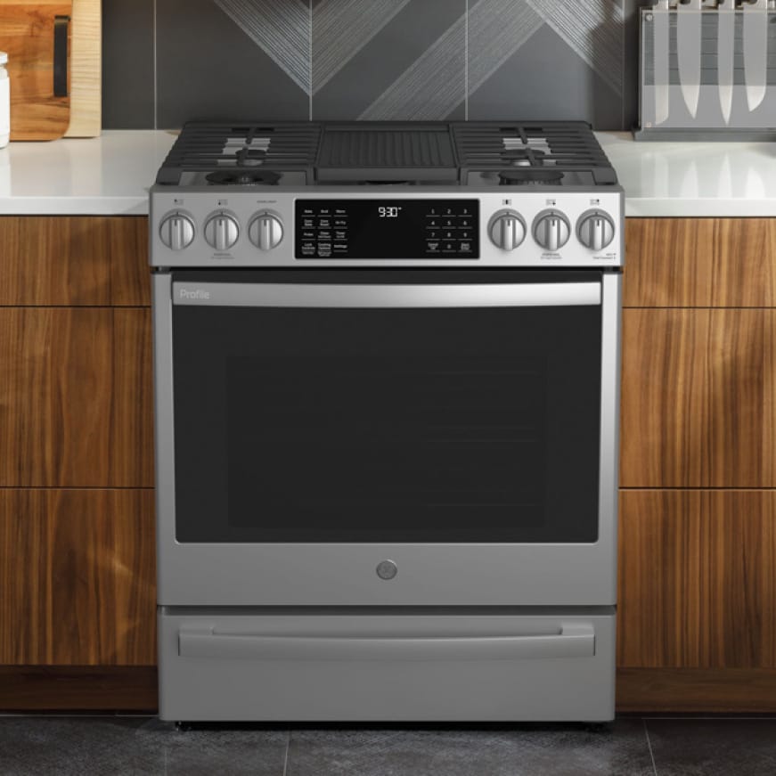 GE Profile 30 in. 5.6 cu. ft. Slide-In Gas Range with Self-Cleaning ...