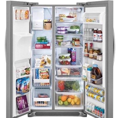 French door refrigerator open with food inside