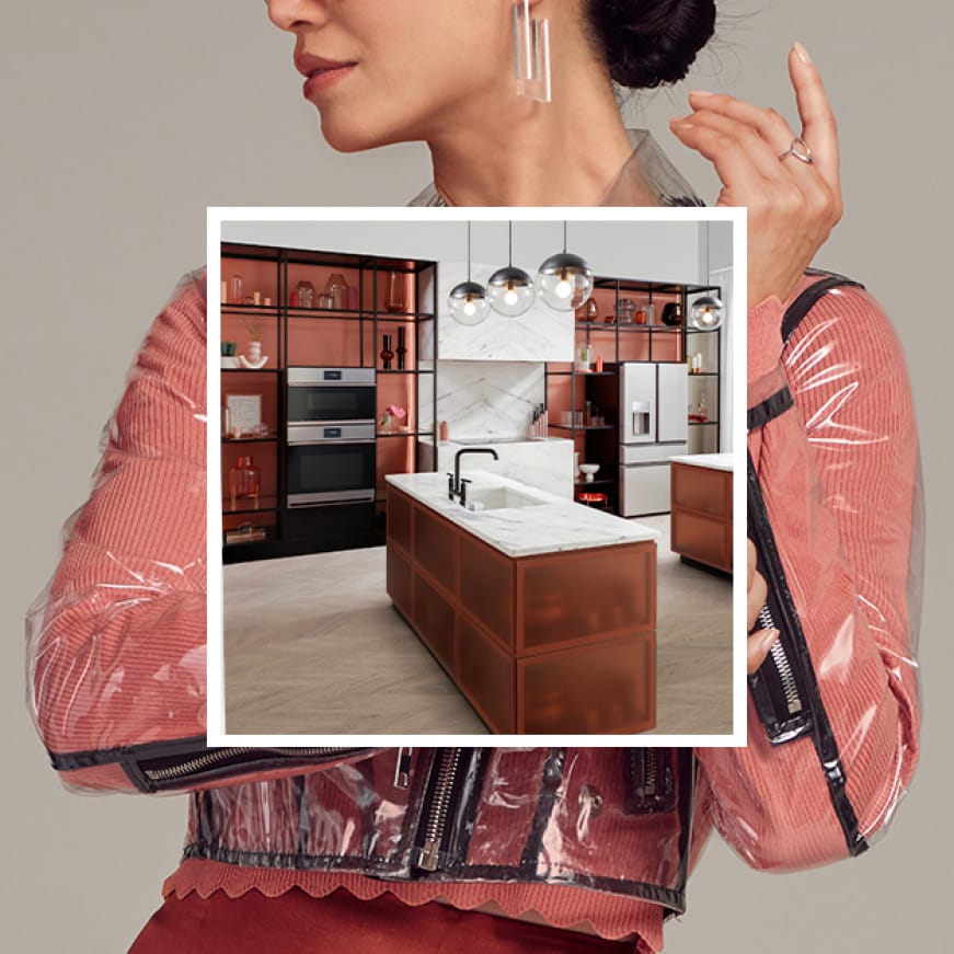 An image of a kitchen with sleek Cafe appliances is superimposed over a woman dressed in trendy clothes that match the kitchen. An image of a kitchen with sleek Cafe appliances is superimposed over a woman dressed in trendy clothes that match the kitchen.