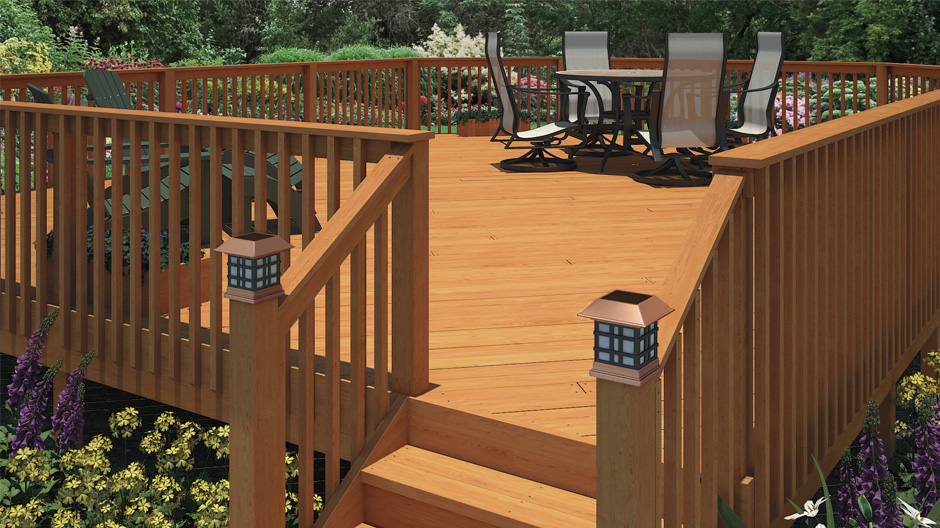 Pressure treated deck at sunset to show stairs and an outdoor living space. Pressure treated deck at sunset to show stairs and an outdoor living space.