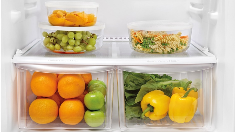 Crisper Drawers with food items.