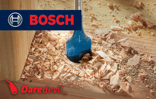 Bosch Daredevil spade bit drilling hole into wood. Bosch Daredevil spade bit drilling hole into wood.