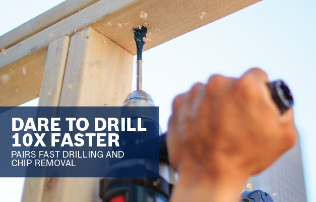 Bosch Daredevil spade bit drilling overhead into wood.