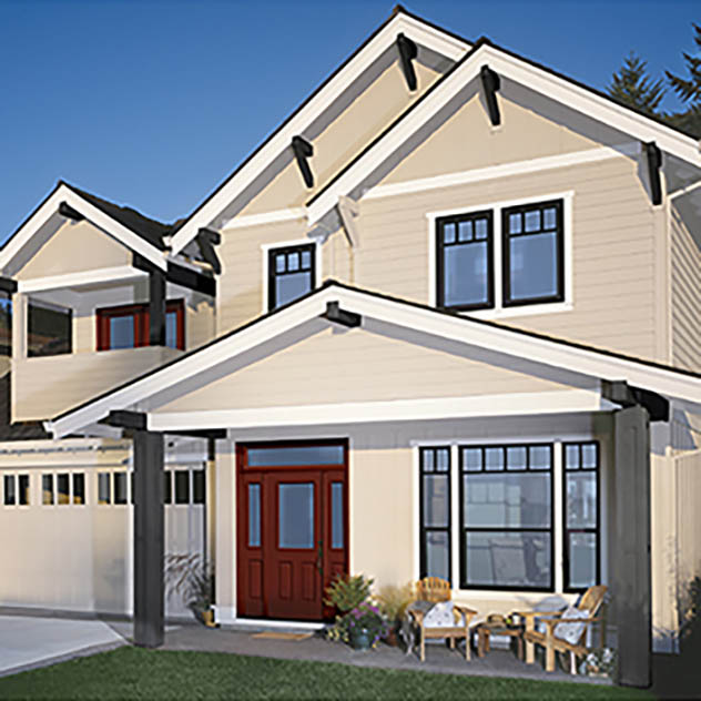 Exterior of house with black vinyl windows Exterior of house with black vinyl windows
