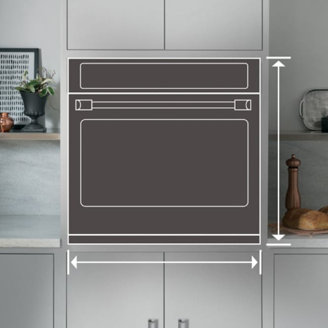 Lines draw an outline of a wall oven in an elegant kitchen.Arrows on the edges measure the area of the appliance