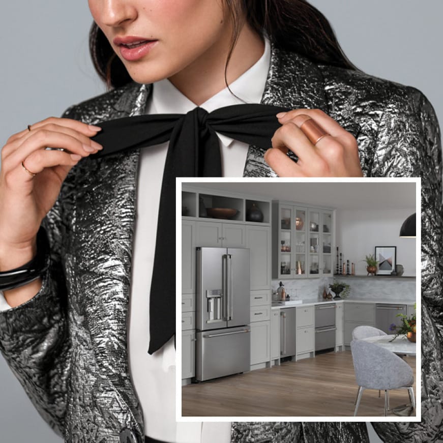 An image of a kitchen with sleek Cafe appliances is superimposed over a woman dressed in trendy clothes that match the kitchen.