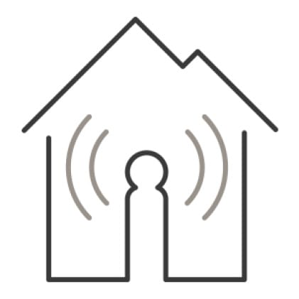 An icon of a home.Signal waves from the center of the house illustrate the home’s wifi capabilities.