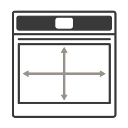 An icon of a wall oven.Arrows measure the capacity of the oven's cavity.