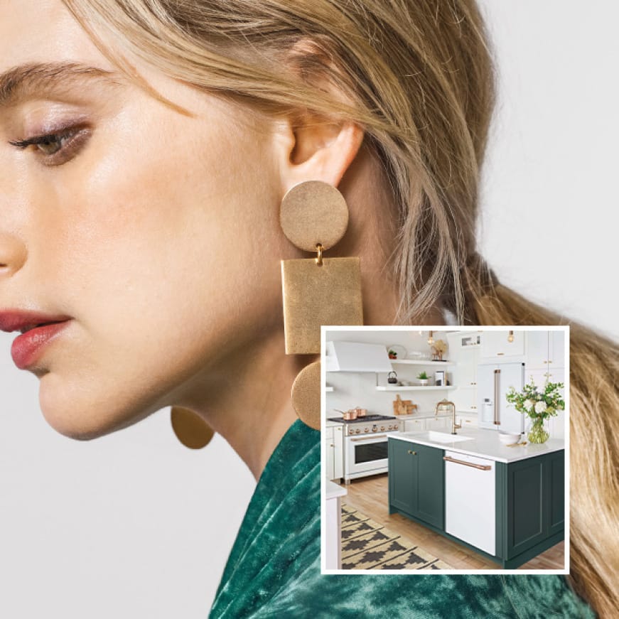 An image of a kitchen with sleek Cafe appliances is superimposed over a woman dressed in trendy clothes that match the kitchen. An image of a kitchen with sleek Cafe appliances is superimposed over a woman dressed in trendy clothes that match the kitchen.