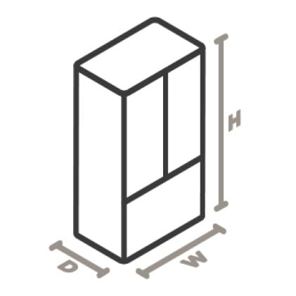 An icon of the appliance viewed from a corner looking down.Lines designate and measure the height, width, and depth of each side