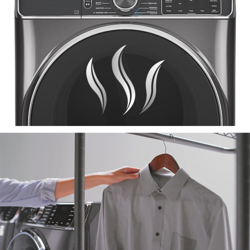 The image is split into two parts, The upper half shows the front of the dryer, The lower half shows a hand hanging a freshly steamed shirt on a rack The image is split into two parts, The upper half shows the front of the dryer, The lower half shows a hand hanging a freshly steamed shirt on a rack