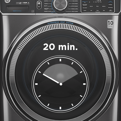 An icon of a clock drawn over the front of the washer illustrates the time it takes for a cycle.