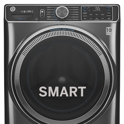 An overlay on top of the washer's window depicts a wifi symbol.The word "SMART" is underneath the icon.