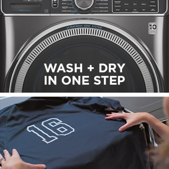 A split frame shows the front side of the washer and a hand laying a tshirt on to a flat surface.