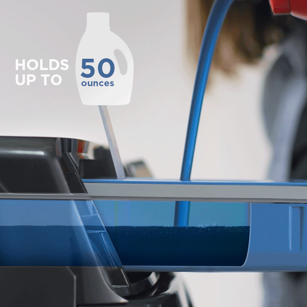 A bottle of detergent is poured into the washing machine.An overlay states that it holds up to 50 ounces of liquid detergent.