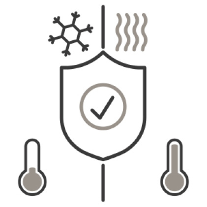 An icon of a shield with a checkmark on the center. A snowflake, heat waves, and thermometers around it demonstrate the appliance's range of operation