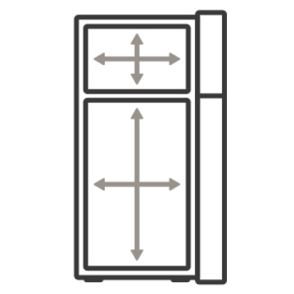 An icon of the refrigerator. Arrows measure the interior capacity of the appliance
