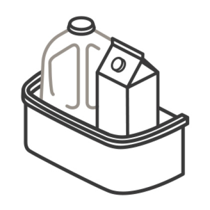 An icon of a door bin. A carton and gallon of milk are placed neatly in the bin.