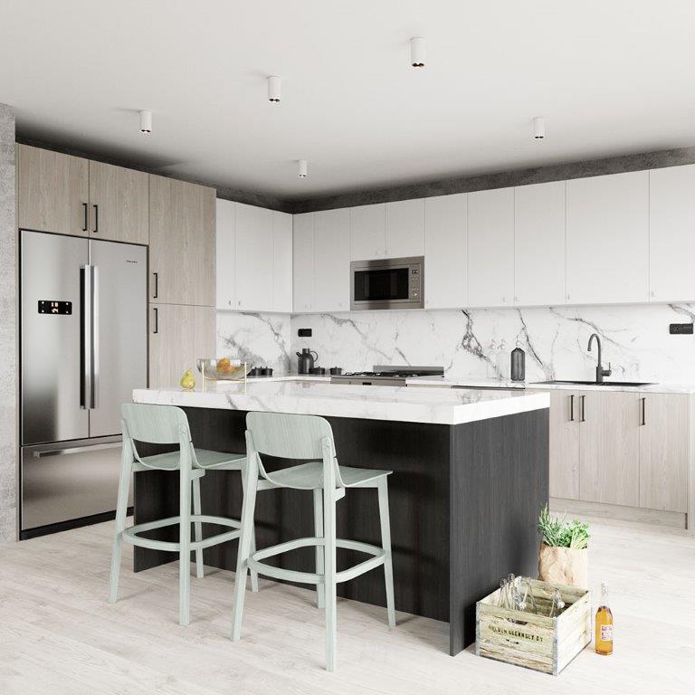 Slab Wall Cabinets In Brilliant White Grey Nordic Kitchen The