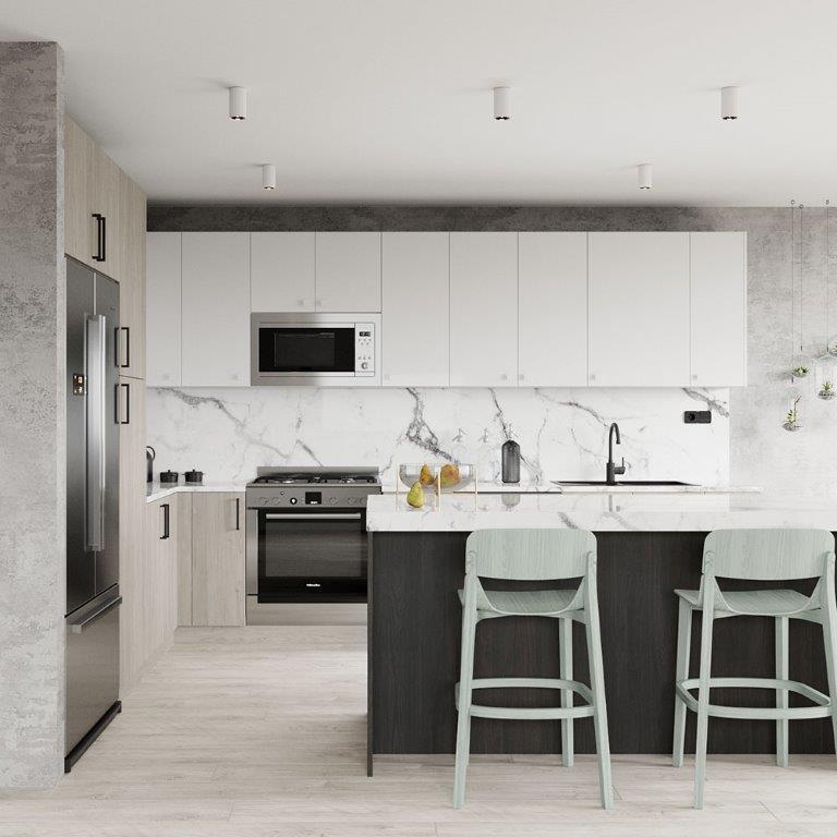 Slab Wall Cabinets In Brilliant White Grey Nordic Kitchen The