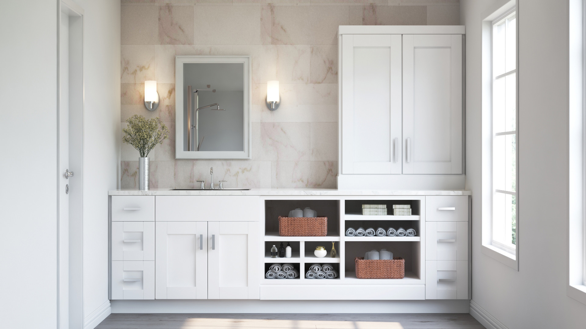 Shaker Pantry Cabinets In White Kitchen The Home Depot   ShakerWhite Vanity 