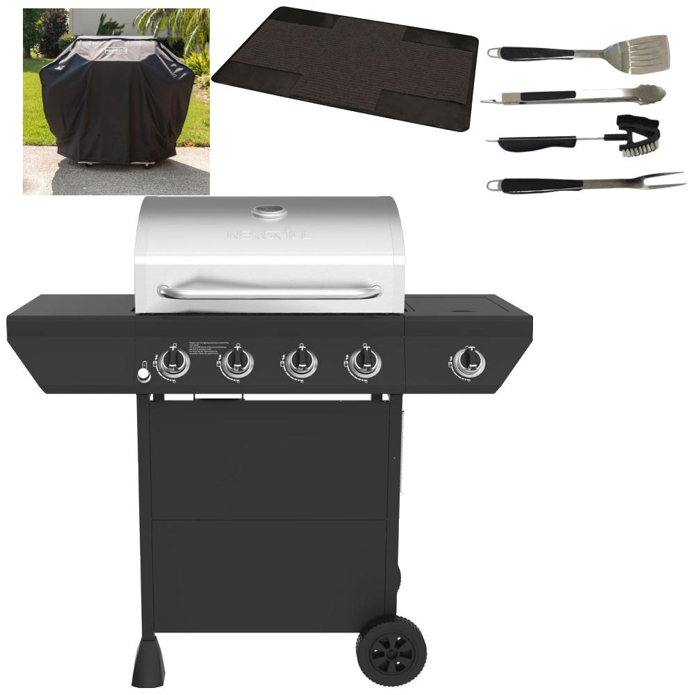 4 Burner Propane Gas Grill in Black with Side Burner and Stainless